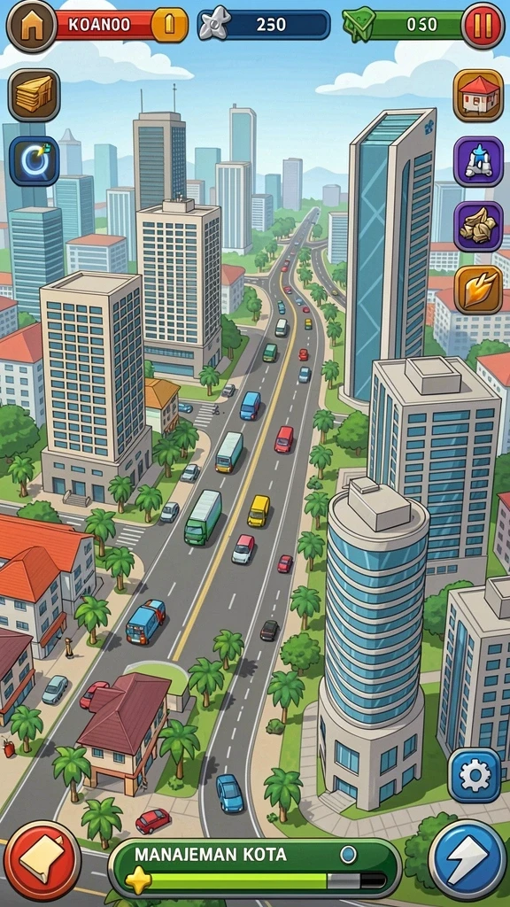 Screenshot memperlihatkan tema permainan yang berwarna-warni.